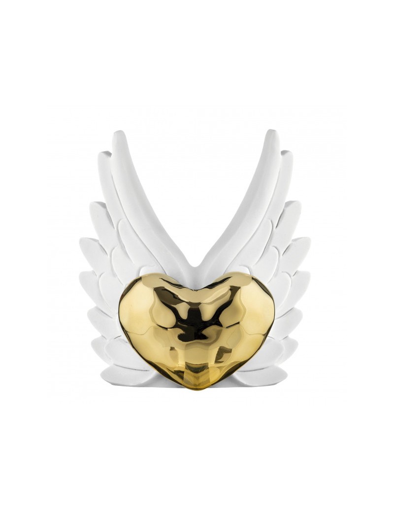 Statua Cuore oro con ali bianche in resina marmorino, H 16 x 14 cm | Bongelli Preziosi -BONGELLI PREZIOSI