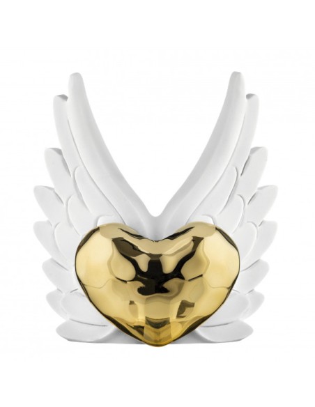 Statua Cuore oro con ali bianche in resina marmorino, H 16 x 14 cm | Bongelli Preziosi -BONGELLI PREZIOSI