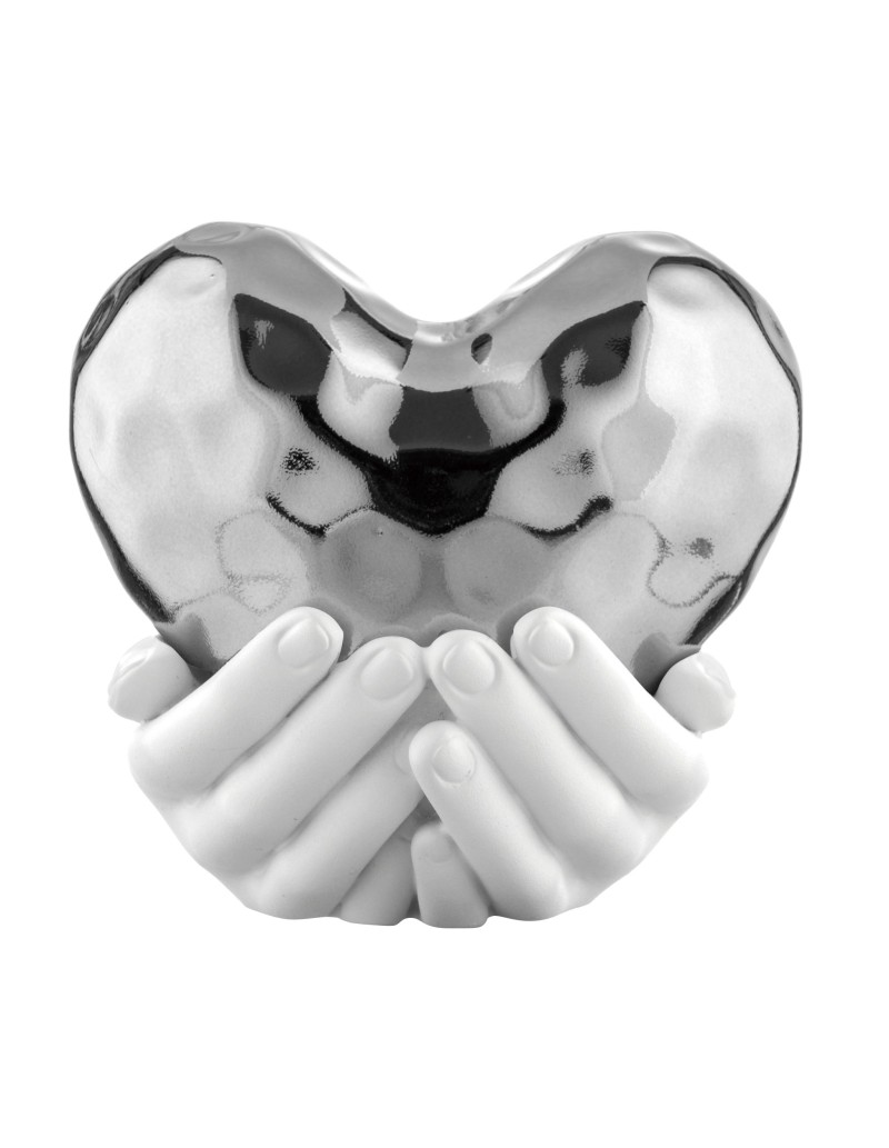 Scultura Mani con cuore in resina marmorino bianco e argento, 11 x 10 cm | Bongelli Preziosi -BONGELLI PREZIOSI