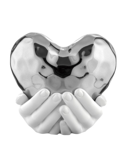 Scultura Mani con cuore in resina marmorino bianco e argento, 11 x 10 cm | Bongelli Preziosi -BONGELLI PREZIOSI
