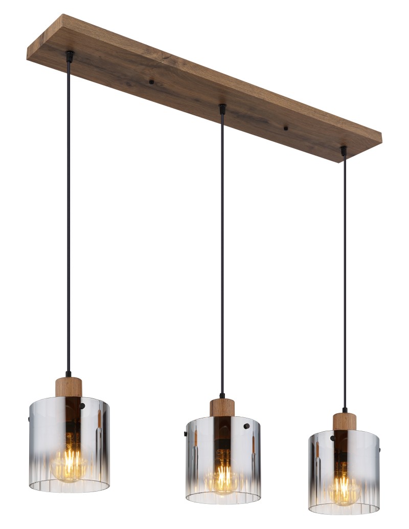 Lampada a sospensione Underwood a 3 pendenti in vetro fumé e MDF legno scuro, E27 | Globo Lighting -GLOBO LIGHTING