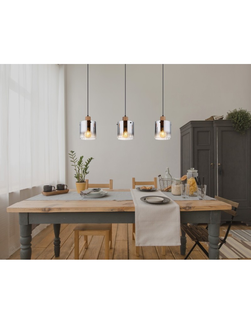 Lampada a sospensione Underwood a 3 pendenti in vetro fumé e MDF legno scuro, E27 | Globo Lighting -GLOBO LIGHTING