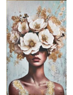 Quadro Flora Dorata ritratto femminile con fiori bianchi e accenti oro, 120x80 cm | Artidea -ARTIDEA