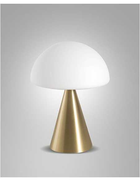 Lampada da comodino LED Blip in ottone satinato e vetro bianco latte, touch | Fabas Luce -FABAS LUCE