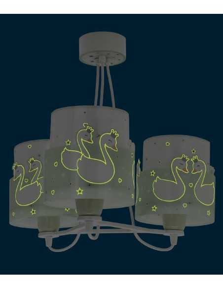 Lampadario per bambini Sweet Love cigni verde 3 luci, si illumina al buio | Dalber -DALBER