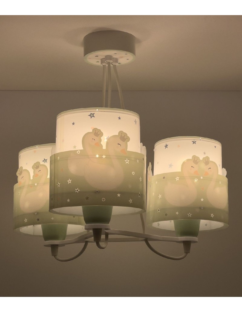 Lampadario per bambini Sweet Love cigni verde 3 luci, si illumina al buio | Dalber -DALBER