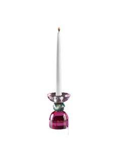Candeliere in cristallo base fucsia, corpo verde e portacandela ametista, 1 fuoco | Ranoldi -RANOLDI