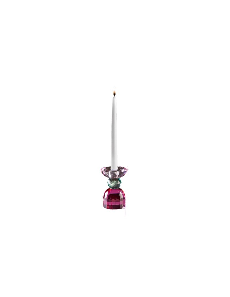 Candeliere in cristallo base fucsia, corpo verde e portacandela ametista, 1 fuoco | Ranoldi -RANOLDI