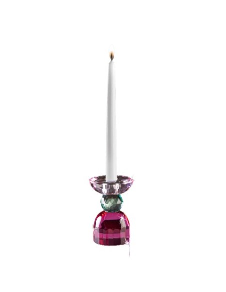 Candeliere in cristallo base fucsia, corpo verde e portacandela ametista, 1 fuoco | Ranoldi -RANOLDI