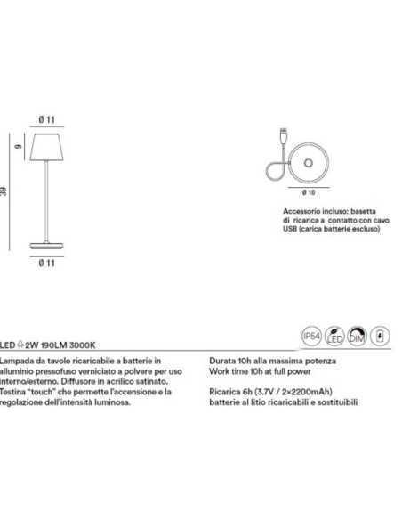 Lampada da tavolo LED ricaricabile Diva grigio scuro, IP54, dimmer touch | Perenz -PERENZ