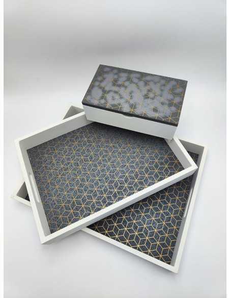 Set 2 vassoi rettangolari con scatola decorativa bianco, antracite e oro | Evviva -Evviva