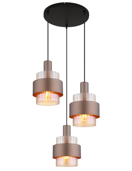 Lampada a sospensione Milley a 3 pendenti in vetro ambra e metallo nero, anelli bronzo | Globo Lighting -GLOBO LIGHTING