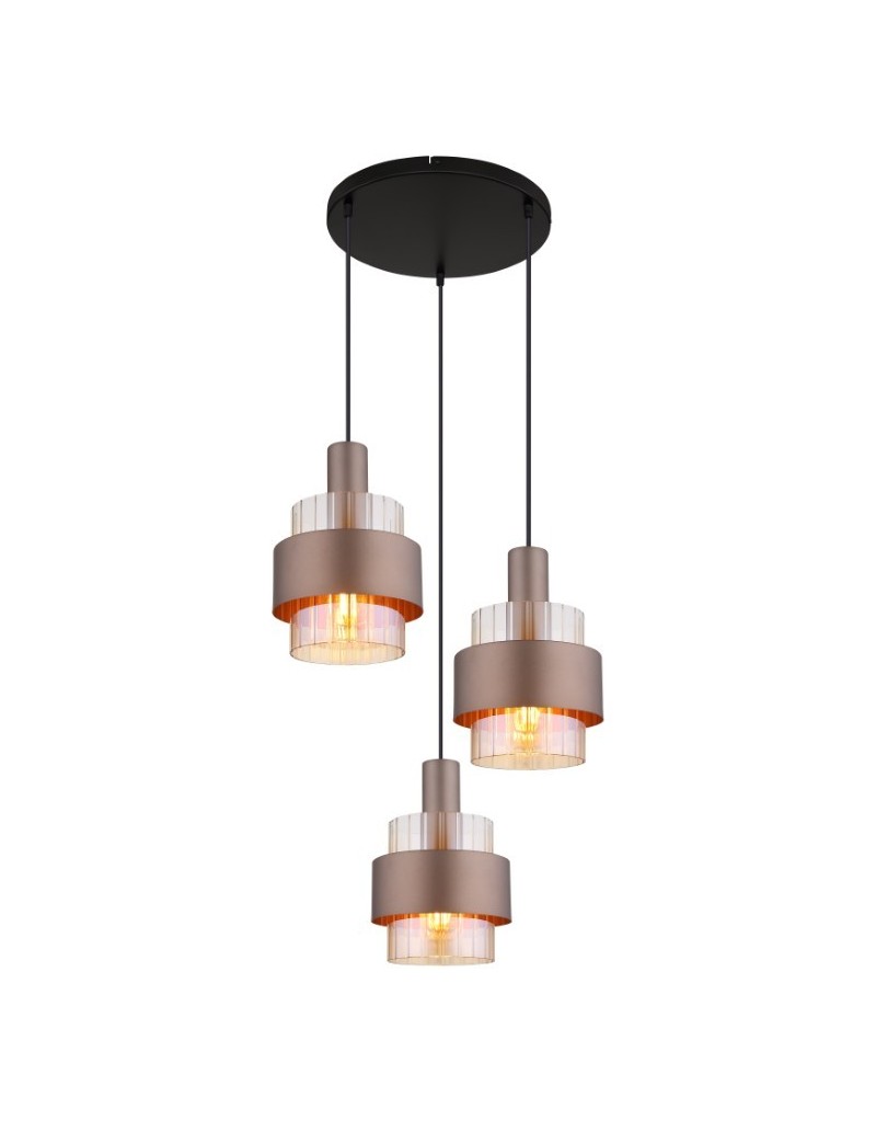 Lampada a sospensione Milley a 3 pendenti in vetro ambra e metallo nero, anelli bronzo | Globo Lighting -GLOBO LIGHTING