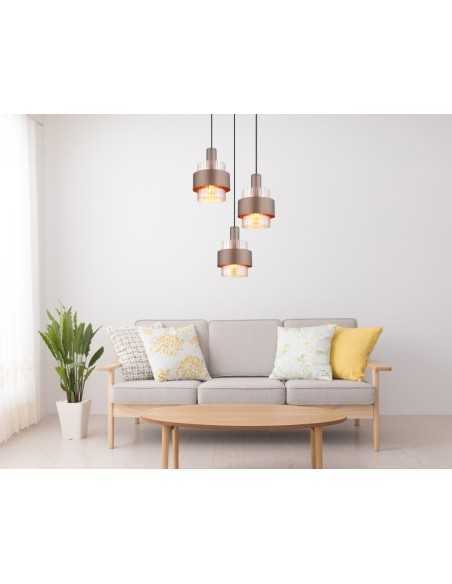 Lampada a sospensione Milley a 3 pendenti in vetro ambra e metallo nero, anelli bronzo | Globo Lighting -GLOBO LIGHTING
