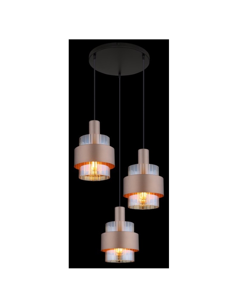 Lampada a sospensione Milley a 3 pendenti in vetro ambra e metallo nero, anelli bronzo | Globo Lighting -GLOBO LIGHTING