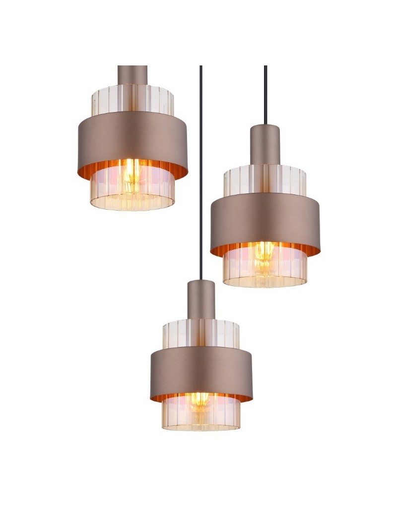 Lampada a sospensione Milley a 3 pendenti in vetro ambra e metallo nero, anelli bronzo | Globo Lighting -GLOBO LIGHTING