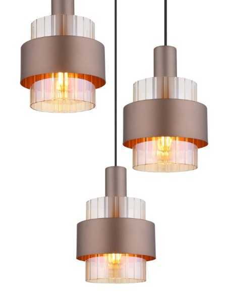 Lampada a sospensione Milley a 3 pendenti in vetro ambra e metallo nero, anelli bronzo | Globo Lighting -GLOBO LIGHTING