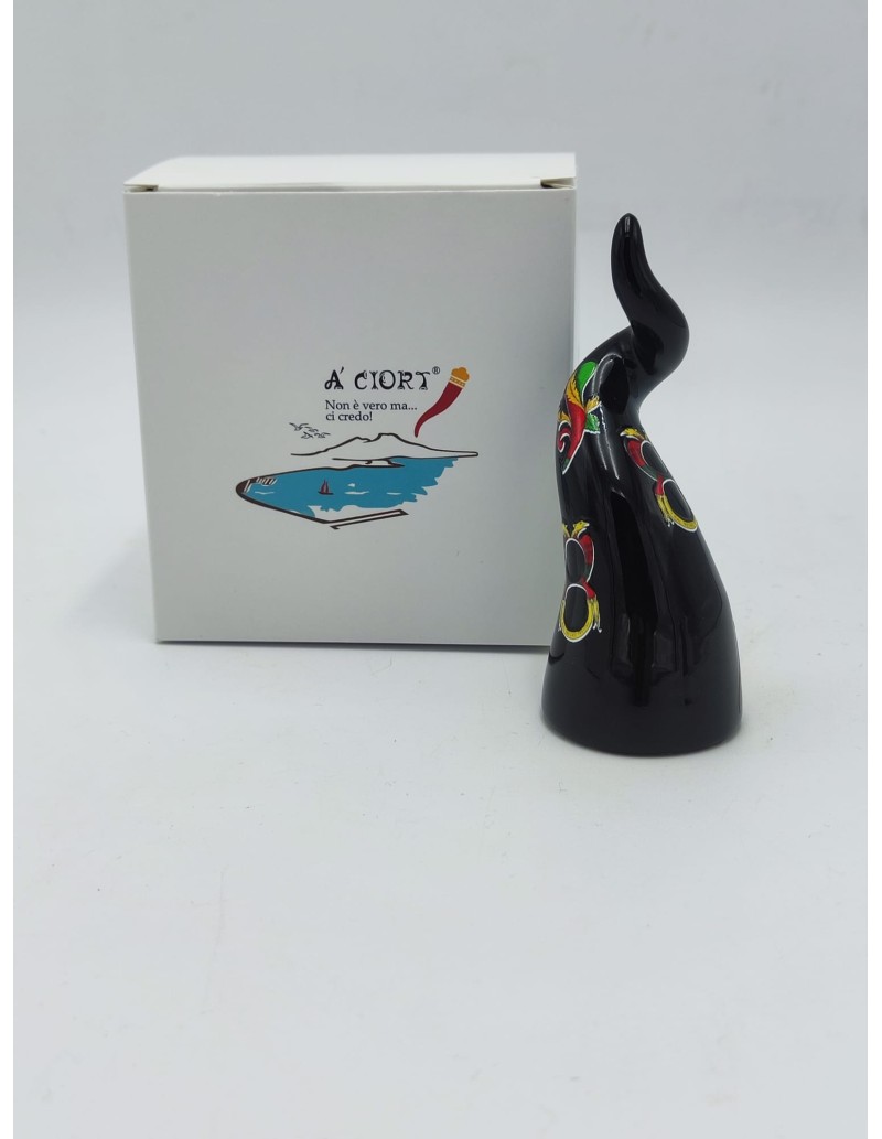 Corno portafortuna nero con decoro carte napoletane, ceramica H 11 cm | A Ciort -A CIORT
