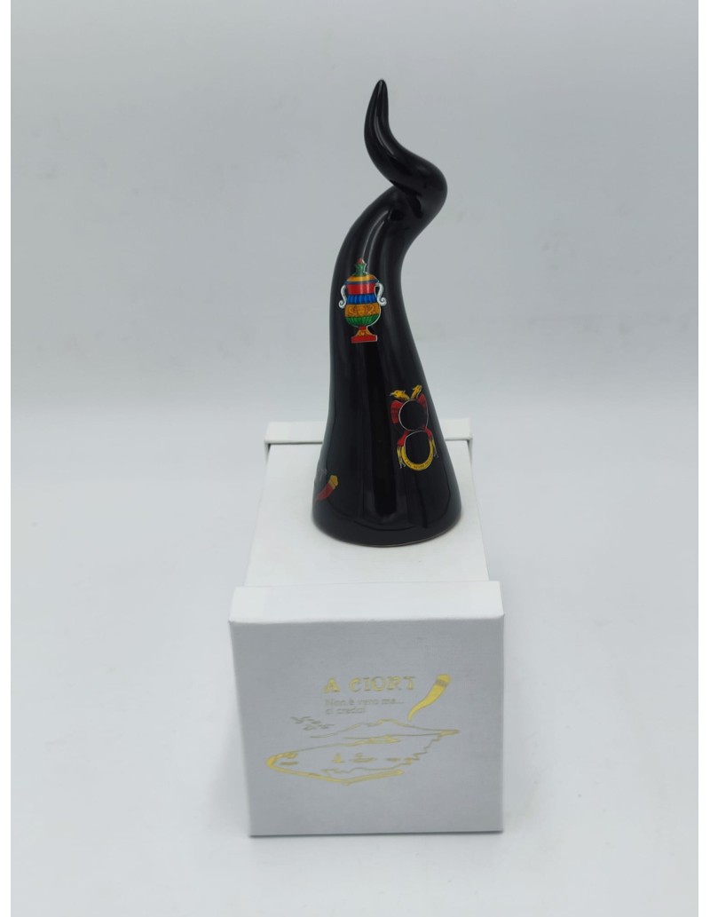 Corno portafortuna nero con decoro carte napoletane, ceramica H 16 cm | A Ciort -A CIORT