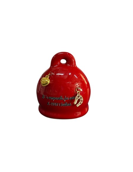 Campanella portafortuna rossa con scritta e pendenti oro in ceramica dipinta a mano, H 8 cm | A Ciort -A CIORT