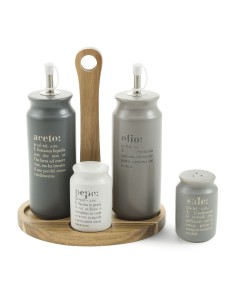 Victionary set olio, aceto, sale e pepe in gres con base in legno, 4 pezzi | Villa d'Este -VILLA D' ESTE