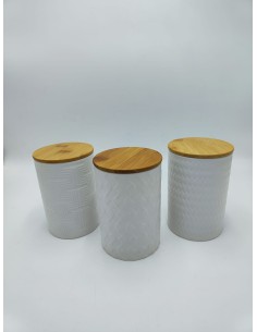 Set 3 barattoli Geometrie in gres bianco con coperchio in bambù | Villa d'Este -VILLA D' ESTE