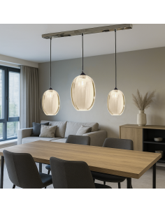 Sospensione Cognac 3 gocce in vetro ambra, base rettangolare cromo e nero opaco | Fabas Luce -FABAS LUCE