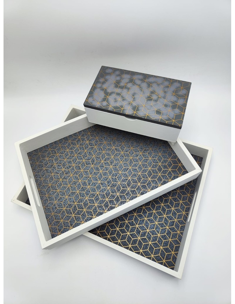 Set 2 vassoi rettangolari con scatola decorativa bianco, antracite e oro | Evviva -Evviva