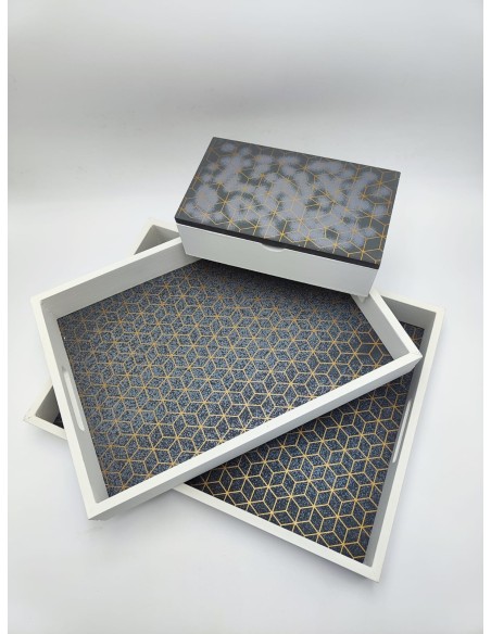 Set 2 vassoi rettangolari con scatola decorativa bianco, antracite e oro | Evviva -Evviva