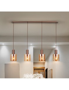 Lampada a sospensione Venize, barra rame satinato e 4 pendenti in vetro ambra, E27 | Schuller -SCHULLER