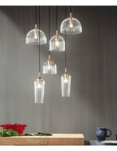 Lampadario a sospensione Puck 6 vetri soffiati rigati trasparenti e oro, E14 | Ondaluce -ONDALUCE