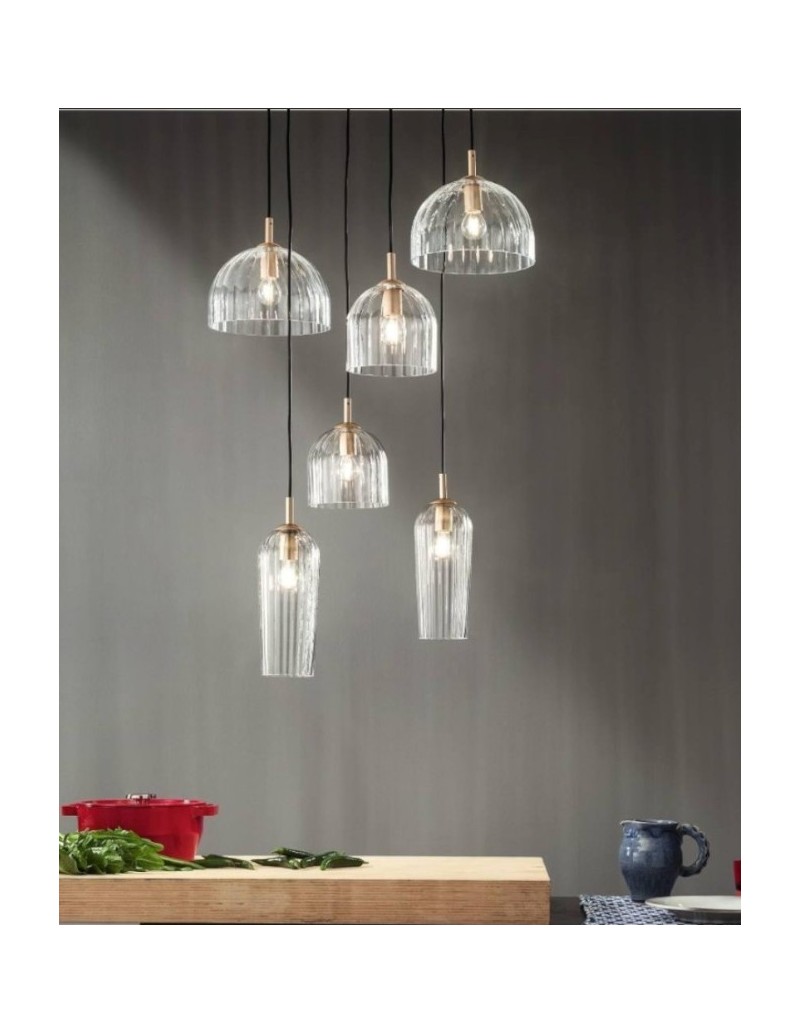Lampadario a sospensione Puck 6 vetri soffiati rigati trasparenti e oro, E14 | Ondaluce -ONDALUCE