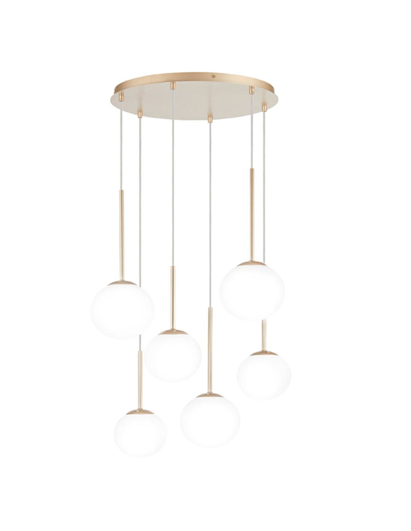Lampadario a sospensione Jewel oro con 6 sfere in vetro soffiato, E14 | Ondaluce -ONDALUCE