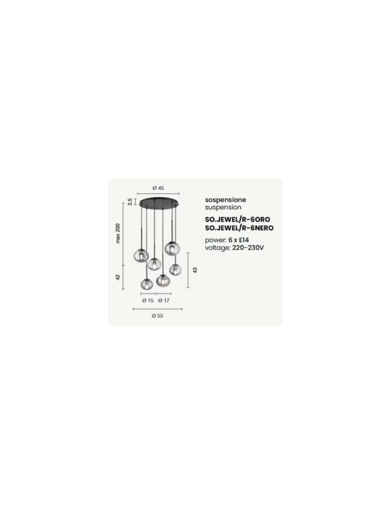Lampadario a sospensione Jewel oro con 6 sfere in vetro soffiato, E14 | Ondaluce -ONDALUCE