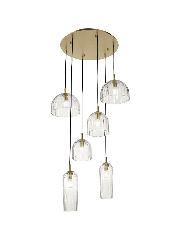 Lampadario a sospensione Puck 6 vetri soffiati rigati trasparenti e oro, E14 | Ondaluce -ONDALUCE