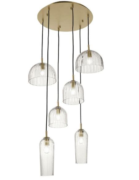 Lampadario a sospensione Puck 6 vetri soffiati rigati trasparenti e oro, E14 | Ondaluce -ONDALUCE