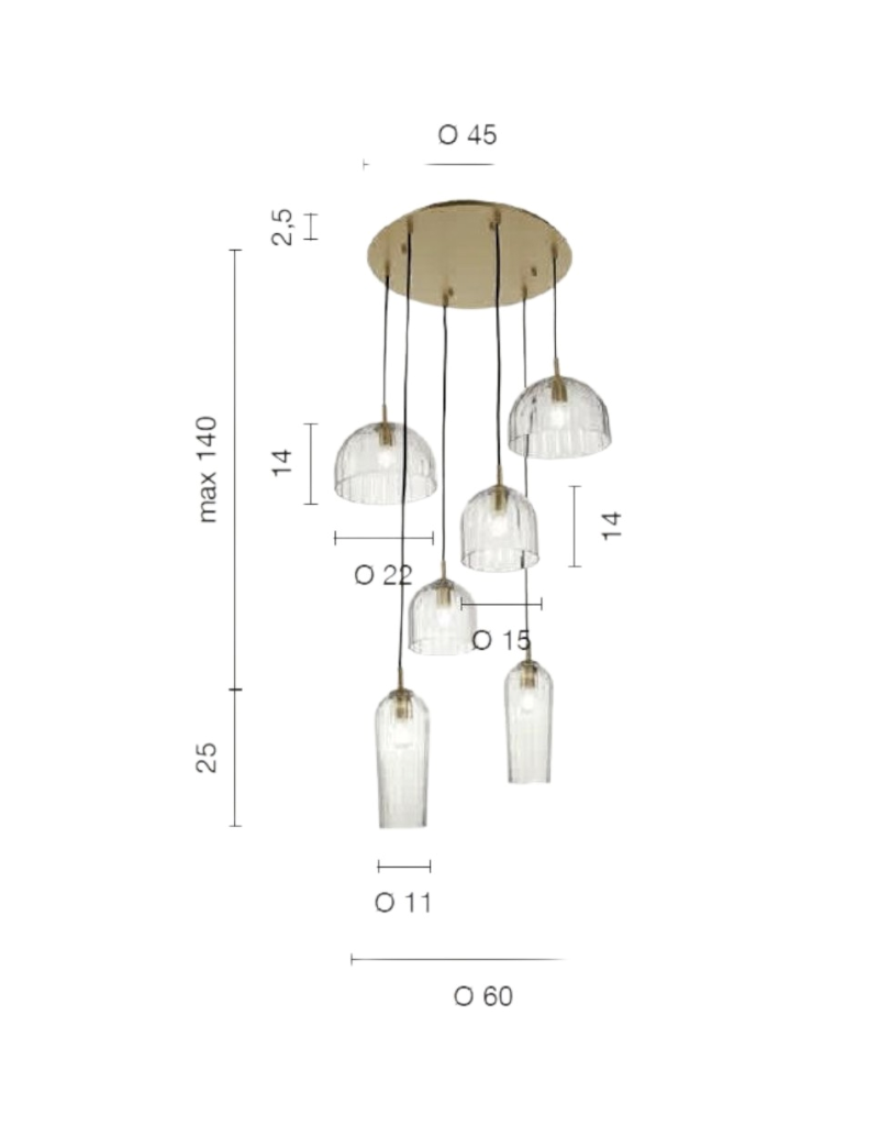 Lampadario a sospensione Puck 6 vetri soffiati rigati trasparenti e oro, E14 | Ondaluce -ONDALUCE