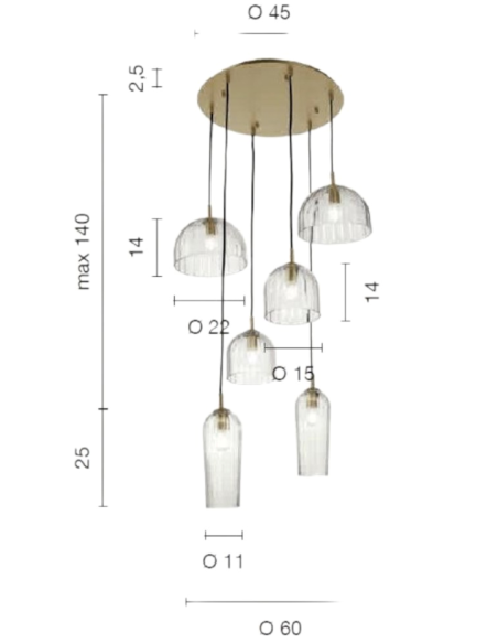 Lampadario a sospensione Puck 6 vetri soffiati rigati trasparenti e oro, E14 | Ondaluce -ONDALUCE