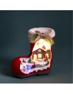 Carillon natalizio scarpone con paesaggio, LED, musica e movimento, H 23 cm | Brandani -BRANDANI