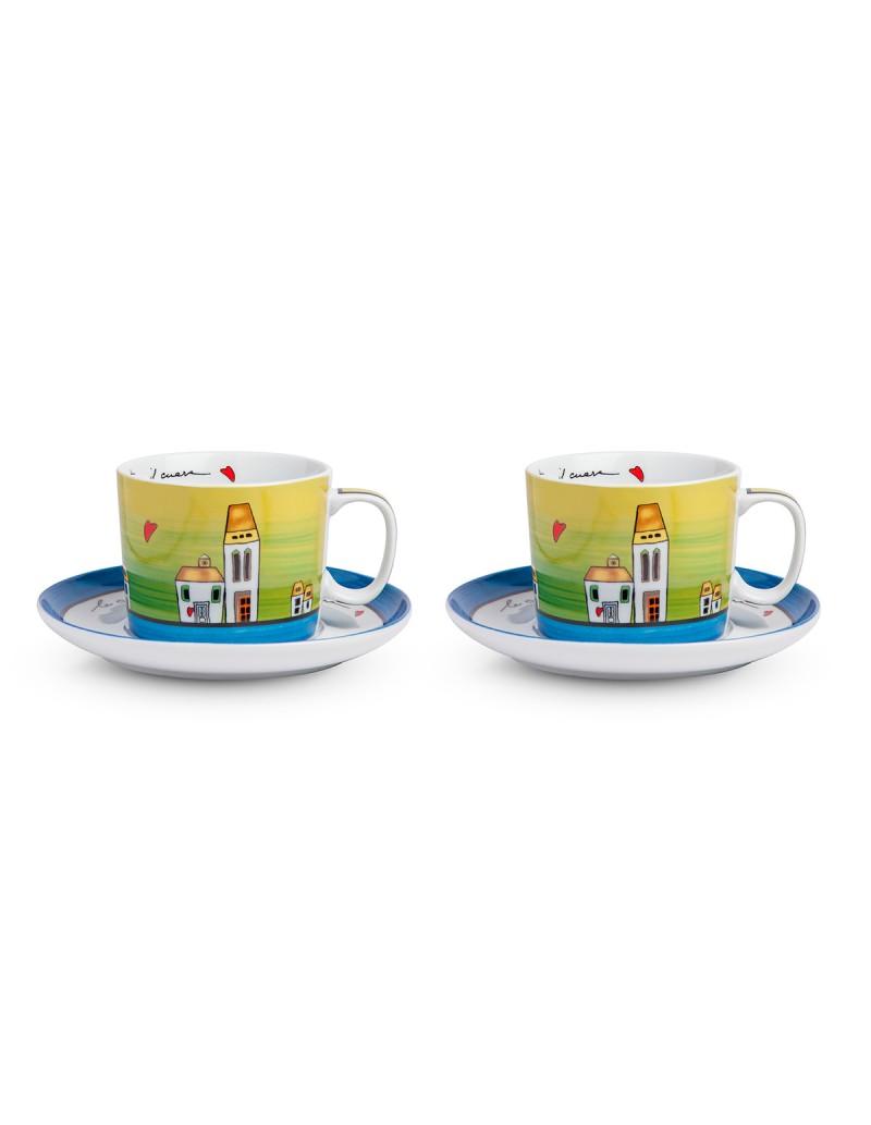 Set 2 tazze colazione con piattino blu, collezione Le Casette | Egan -EGAN