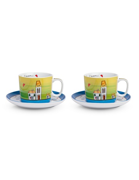 Set 2 tazze colazione con piattino blu, collezione Le Casette | Egan -EGAN