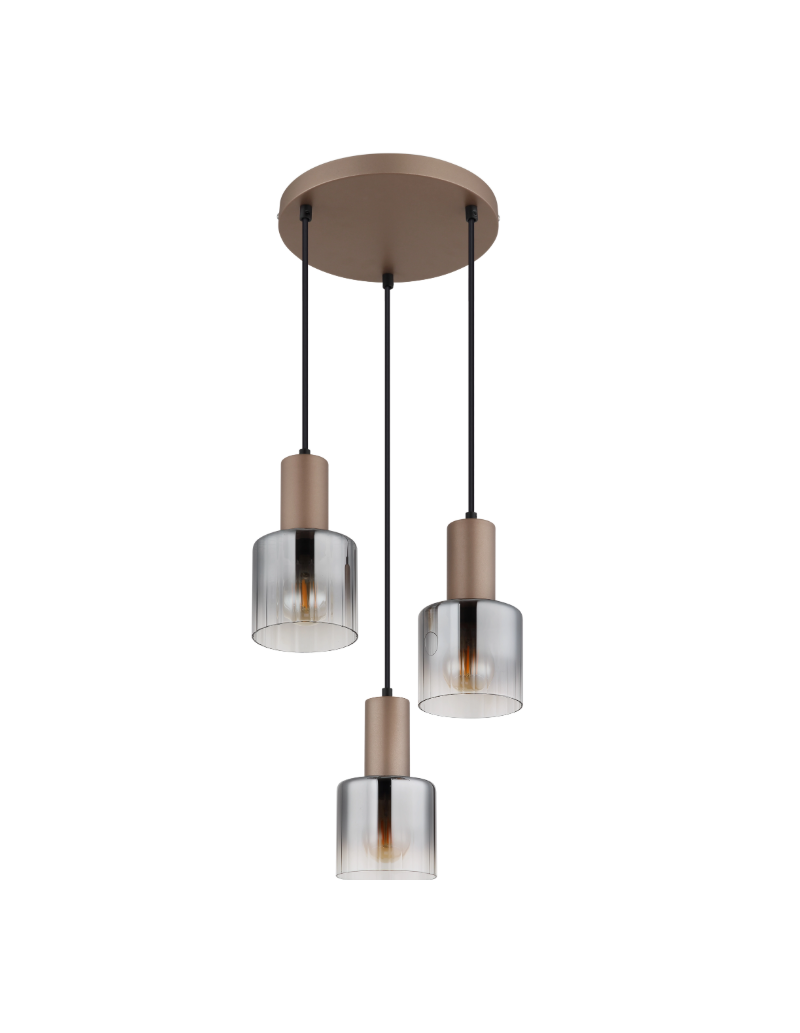 Sospensione Walton a 3 luci in metallo caffè e vetro rigato, base Ø 28 cm | Globo Lighting -GLOBO LIGHTING
