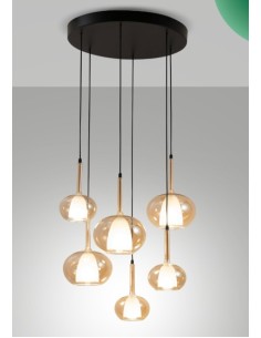 Lampada a sospensione con 6 pendenti in doppio vetro ambra e base nera | Fabas Luce -FABAS LUCE