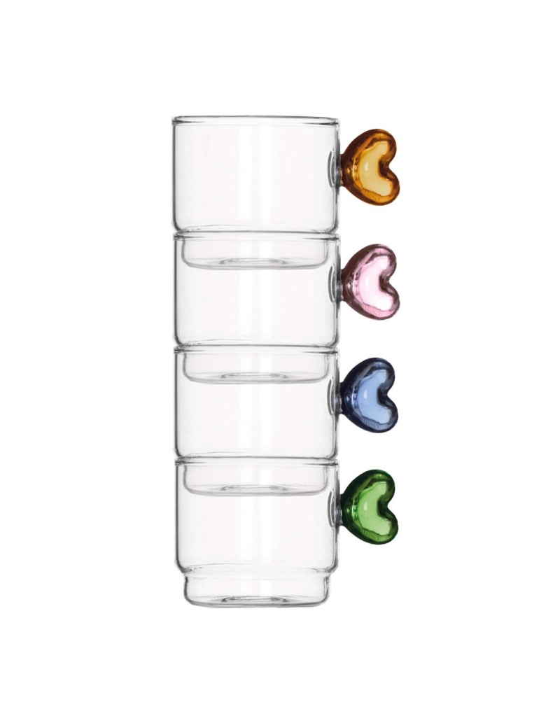 Set 4 tazzine in vetro impilabili con manico a cuore, colori assortiti | Brandani -BRANDANI