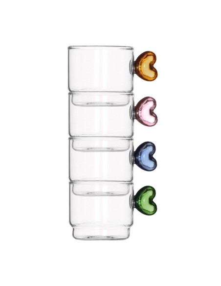 Set 4 tazzine in vetro impilabili con manico a cuore, colori assortiti | Brandani -BRANDANI