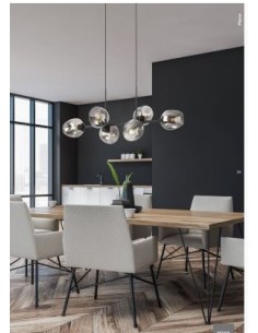 Lampadario a sospensione in metallo nero opaco con 6 vetri soffiati fumè, E27 | Redo -REDO GROUP