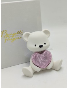 Scultura Orsetto bianco con cuore rosa in marmorino, H 15 cm | Bongelli Preziosi -BONGELLI PREZIOSI