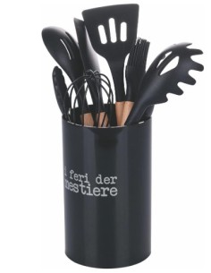 Set 8 utensili da cucina in silicone e legno con supporto nero | Villa d'Este -VILLA D' ESTE