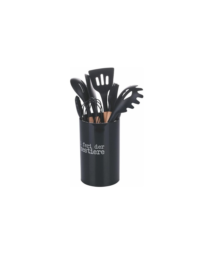 Set 8 utensili da cucina in silicone e legno con supporto nero | Villa d'Este -VILLA D' ESTE
