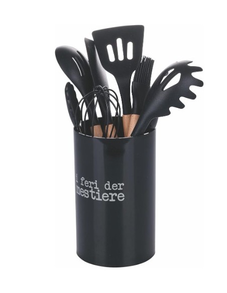 Set 8 utensili da cucina in silicone e legno con supporto nero | Villa d'Este -VILLA D' ESTE